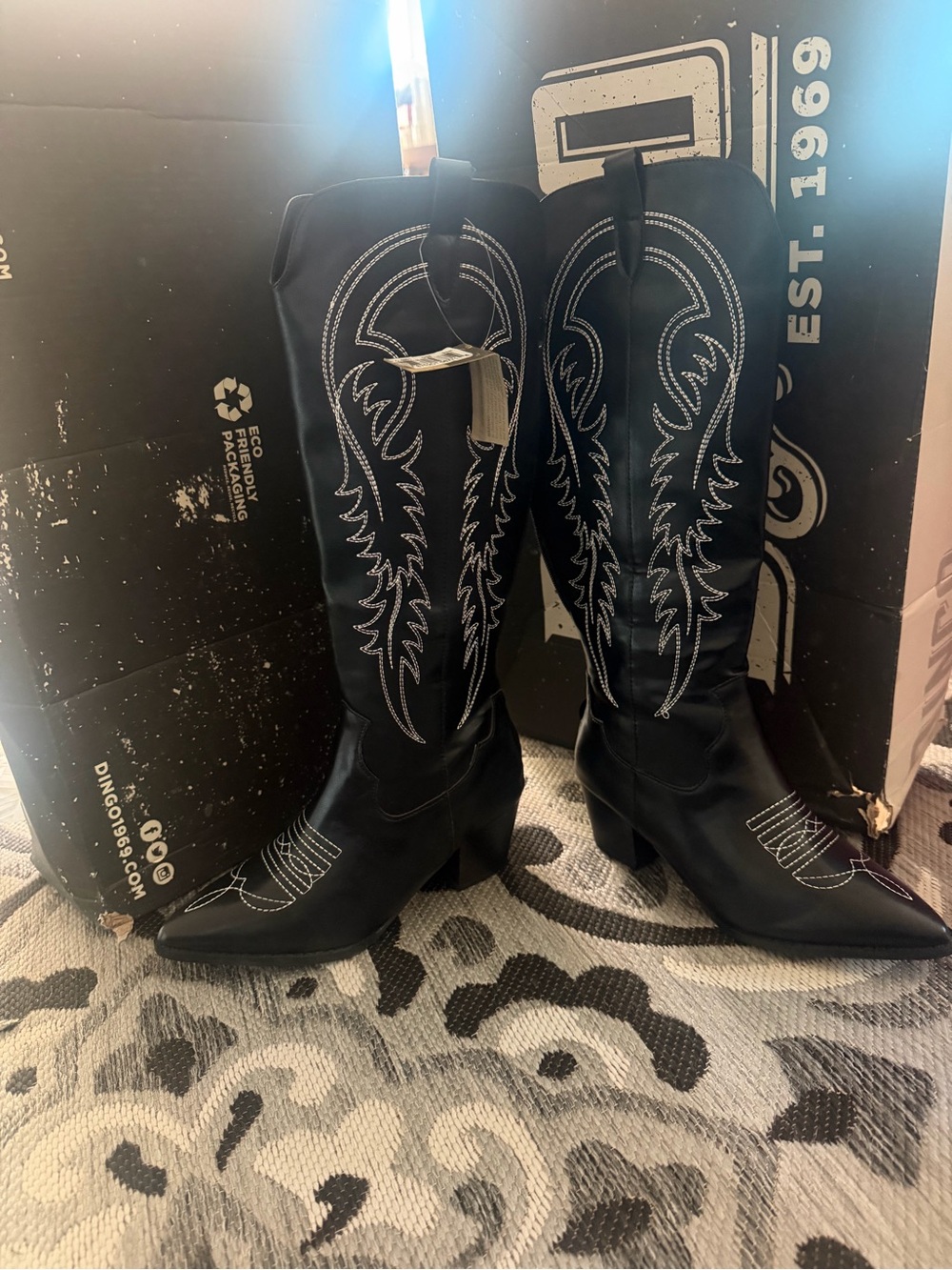 dingo Black Embroidered Western Knee-High Heeled Boots